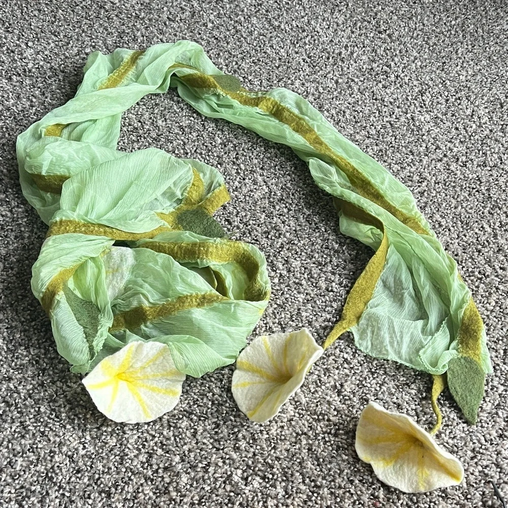 Light Green Scarf with Yellow Felted Trim and Floral Petals